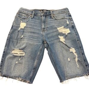 Hollister Mens Epic Flex Distressed Denim Cutoff Shorts Blue W29 9 Inch Inseam